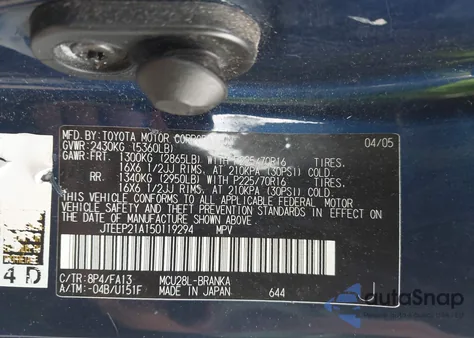 2005 Toyota Highlander V6 z USA, uszkodzony, nr VIN JTEEP21A150119294